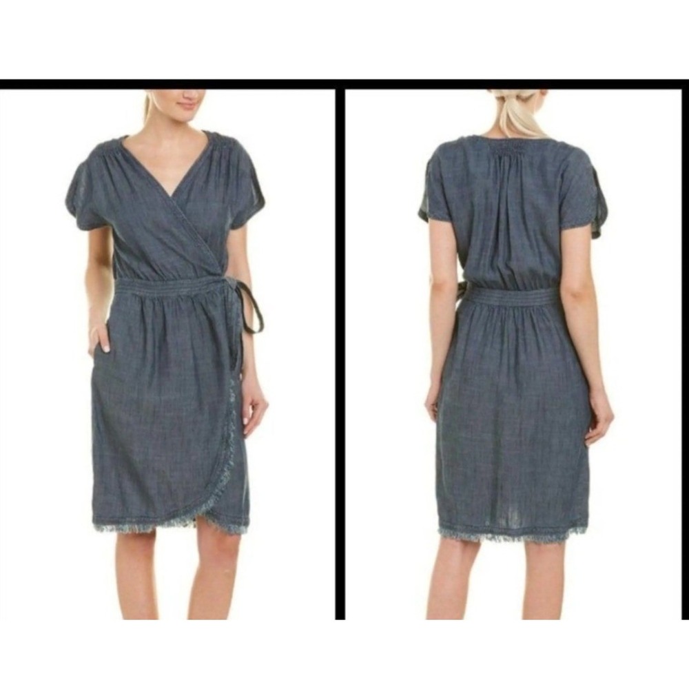 Trina Turk Wrap Dress Womens 4 Blue Excellent Linen Lyocell Frayed Hem Smocked